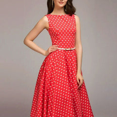 Women’s Vintage Polka Dot Dress – Sleeveless O-Neck Summer Cocktail Party Dress for Elegant Style