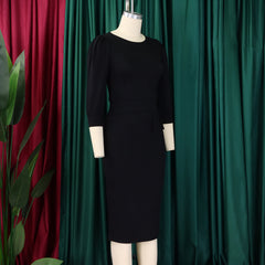 Women’s Bodycon Pencil Dress-Round Neck 3/4 Sleeve Peplum Office Work Dress