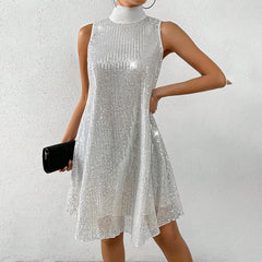 Women’s Sparkly Sequin Dress-Sleeveless Mock Neck Glittery Evening & Party Wear