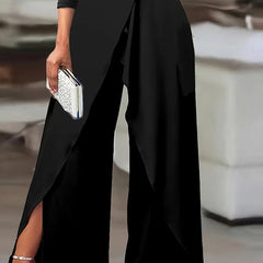 Women’s Elegant One-Shoulder Jumpsuit-Long Sleeves with Slit Pants & Pleated Waist for Spring & Summer Parties