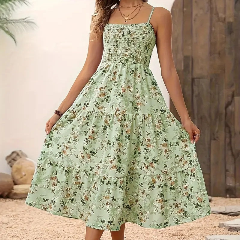 Women’s Summer Floral Midi Dress Smocked Spaghetti Strap Sleeveless Tiered Casual Flowy Dress