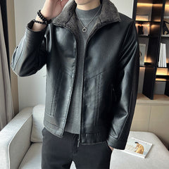 Hong Kong Style Velvet Padded Plus Size Men's Leather Jacket