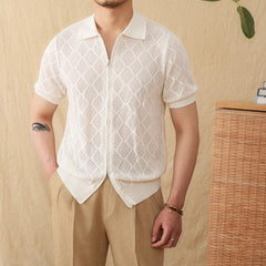 Cotton Zipper Hollow Short Sleeve Lapel Cardigan Casual Top