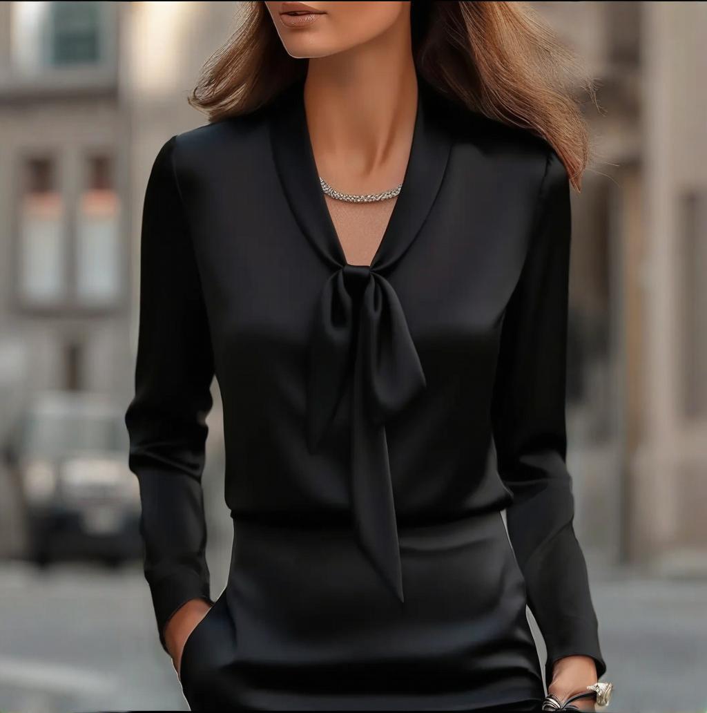 Women’s Elegant Ribbon Blouse-Long Sleeve Dressy Top for Business Casual & Office Wear