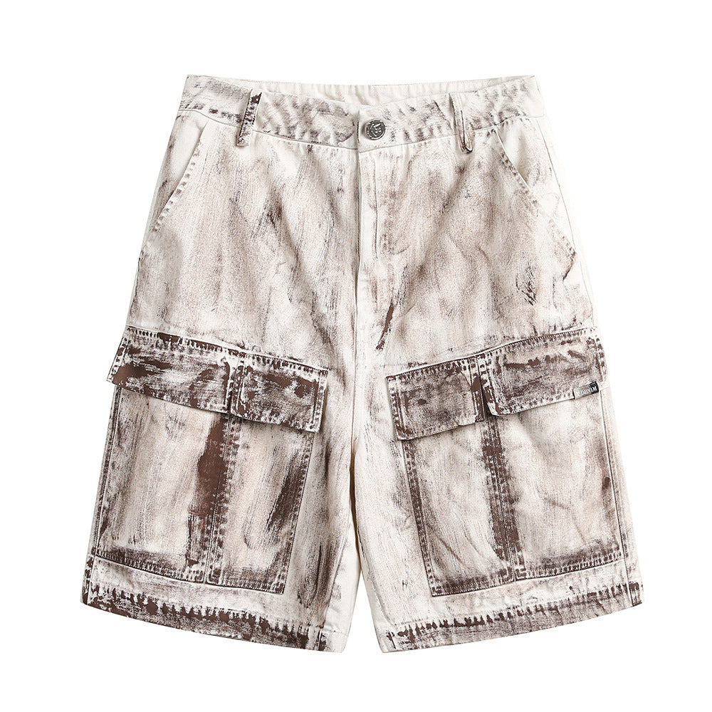 Punk Distressed Dirty Denim Cargo Pants Shorts Men