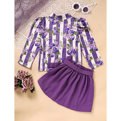 Toddler Girl Outfit – Purple Rose Print Spring/Fall Stripe Top with Belted Skirt Set for Holidays & Going Out