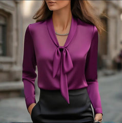 Women’s Elegant Ribbon Blouse-Long Sleeve Dressy Top for Business Casual & Office Wear