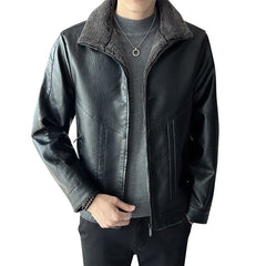 Hong Kong Style Velvet Padded Plus Size Men's Leather Jacket