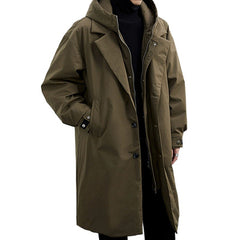 Men’s Trench Coat-Mid-Length Hooded False Two-Piece Coat for Casual & Street Style Wear