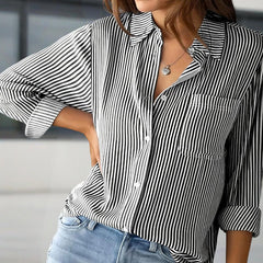 Women’s Elegant Striped Button-Up Shirt-Long Sleeve Blouse with Lapel Collar & Chest Pocket for Spring & Fall