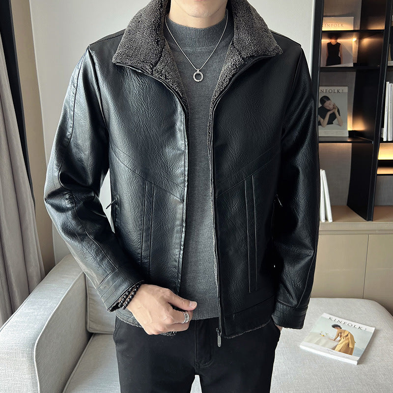 Hong Kong Style Velvet Padded Plus Size Men's Leather Jacket