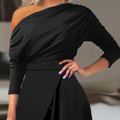 Women’s Elegant One-Shoulder Jumpsuit-Long Sleeves with Slit Pants & Pleated Waist for Spring & Summer Parties