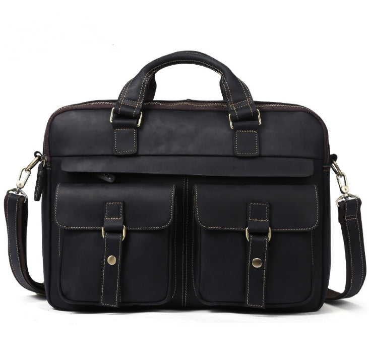 Men's Genuine Leather Bag Retro Design Business Briefcase Cowhide Oblique Bag 15.6 inch Laptop Bag