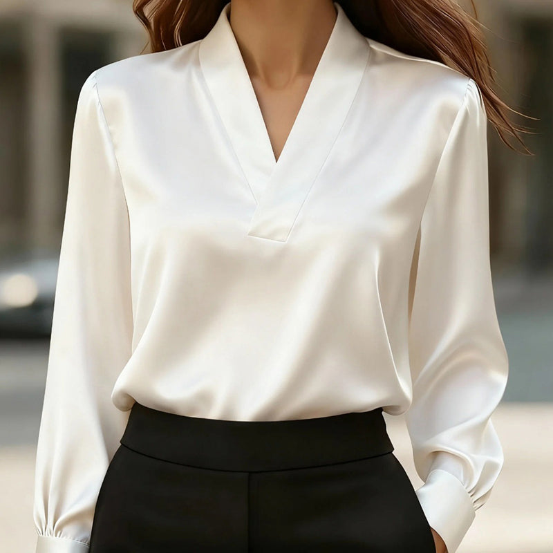 Women’s Elegant V-Neck Long Sleeve Blouse – Minimalist Office Shirt