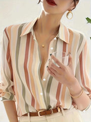 Women’s Long-Sleeve Striped Shirt-Versatile Printed Casual Top for Everyday Wear