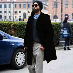 Men’s Wool Trench Coat-Retro Horn Button Hooded Long Coat for Winter & Casual Wear