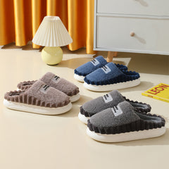 Men’s Winter Fleece Slippers – Thick-Soled Color-Block Indoor Shoes