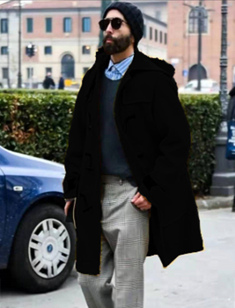 Men’s Wool Trench Coat-Retro Horn Button Hooded Long Coat for Winter & Casual Wear