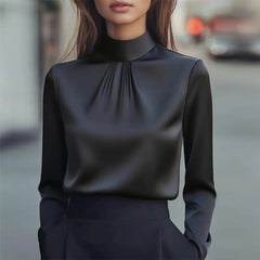 Women’s Solid Color Turtleneck Blouse – Long Sleeve Pleated Shirt for Office & Formal Wear