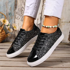 Plus Size Sequined Front Lace-Up Solid Color Board Shoes – Stylish Women’s Footwear