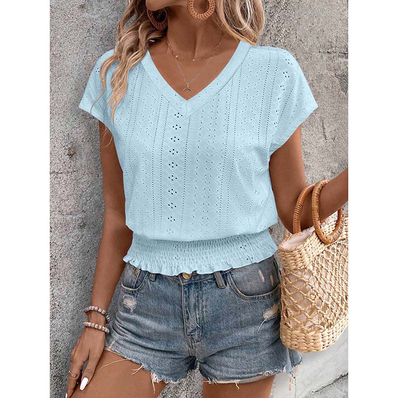 Women’s Long Sleeve Eyelet Top  V-Neck Casual Loose Blouse for Fall & Everyday Wear