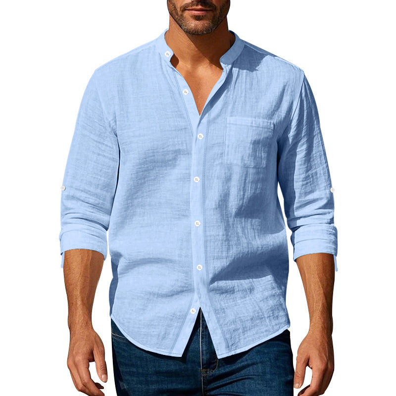 Men’s Stand Collar Pocket Shirt – Long Sleeve