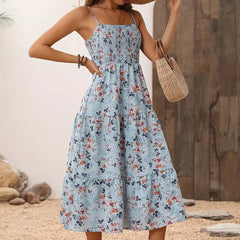 Women’s Summer Floral Midi Dress Smocked Spaghetti Strap Sleeveless Tiered Casual Flowy Dress