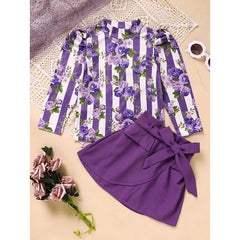 Toddler Girl Outfit – Purple Rose Print Spring/Fall Stripe Top with Belted Skirt Set for Holidays & Going Out