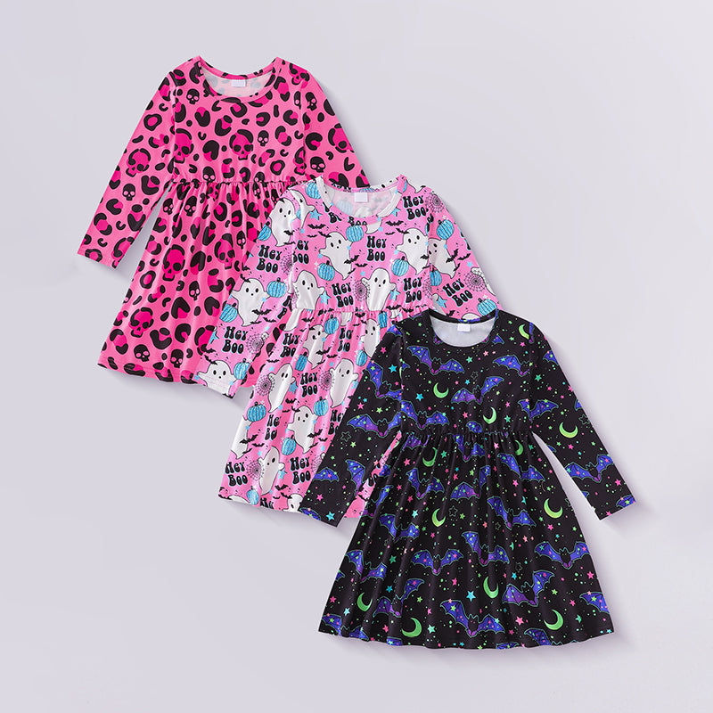 3pcs Toddler Girl Halloween Dress-Skull & Ghost Print Long Sleeve A-Line