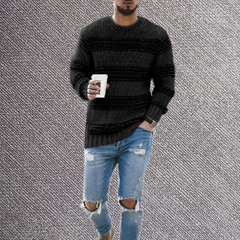 Men's Casual Striped Knitted Round Neck Pullover Sweater