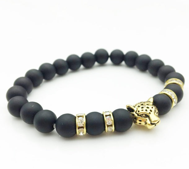 Men’s Natural Lava Stone Bead Bracelet with Leopard Head Charm – Handmade Jewelry
