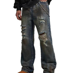 Loose Straight Slim-fit Waste Soil Blue With Holes Jeans