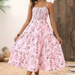 Women’s Summer Floral Midi Dress Smocked Spaghetti Strap Sleeveless Tiered Casual Flowy Dress