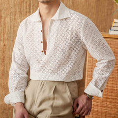 Open Collar Hollow Breathable Casual Long-sleeved Shirt