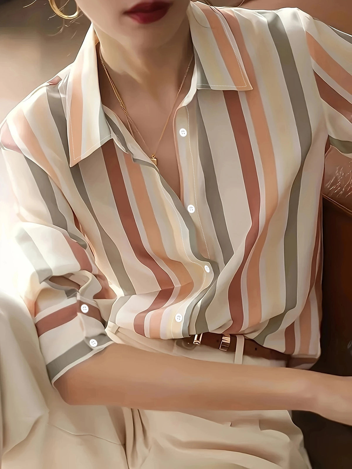 Women’s Long-Sleeve Striped Shirt-Versatile Printed Casual Top for Everyday Wear