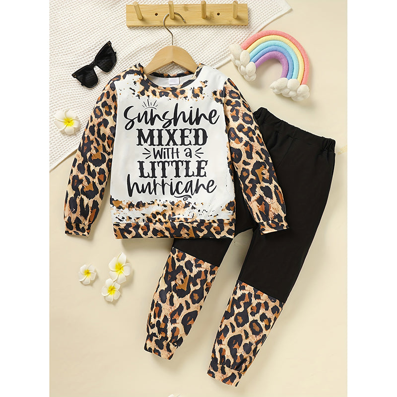 Toddler Girls Outfit – Fall/Winter Leopard Letter Print Crewneck Sweatshirt & Sweatpant 2-Piece Set