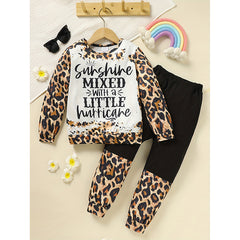 Toddler Girls Outfit – Fall/Winter Leopard Letter Print Crewneck Sweatshirt & Sweatpant 2-Piece Set