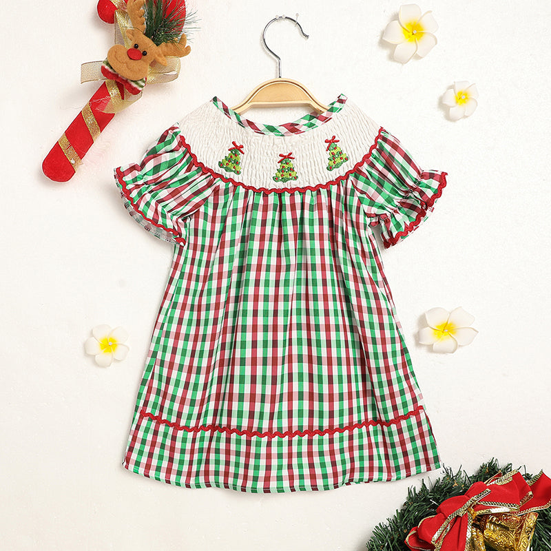Toddler Baby Girls Dress-Christmas Tree Plaid Short Sleeve Party Dress
