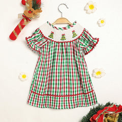Toddler Baby Girls Dress-Christmas Tree Plaid Short Sleeve Party Dress