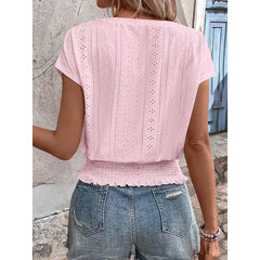 Women’s Long Sleeve Eyelet Top  V-Neck Casual Loose Blouse for Fall & Everyday Wear