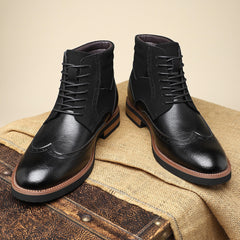 Men’s British Style Retro Martin Boots – Mid-Top Carved Leather Casual Footwear