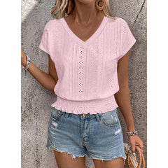 Women’s Long Sleeve Eyelet Top  V-Neck Casual Loose Blouse for Fall & Everyday Wear