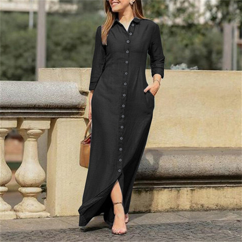 Women's Casual Button Down Denim Maxi Dress Long Sleeve Long Jean Dresses With Pockets
