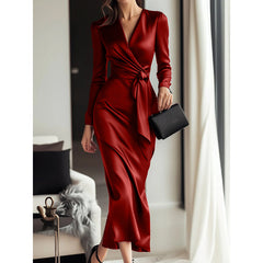 Women’s Satin Midi Bodycon Dress – Elegant V-Neck Long Sleeve Evening Dress