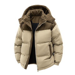 Cotton-Padded Coat with Detachable Hat-Thickened Patchwork Jacket for Couples, Color-Contrast