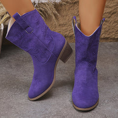 Women’s Pointed Toe Western Mid-Calf Boots – Retro Embroidered Square Heel