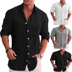 Men's Loose Plus Size Solid Color Shirt Linen Lapel Long Sleeve Casual Shirt