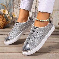 Plus Size Sequined Front Lace-Up Solid Color Board Shoes – Stylish Women’s Footwear