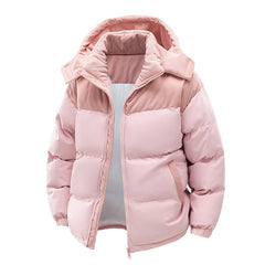 Cotton-Padded Coat with Detachable Hat-Thickened Patchwork Jacket for Couples, Color-Contrast