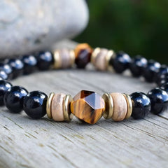 Men’s Tiger Eye & Cut Obsidian Bracelet – Luxury Natural Stone Beaded Jewelry